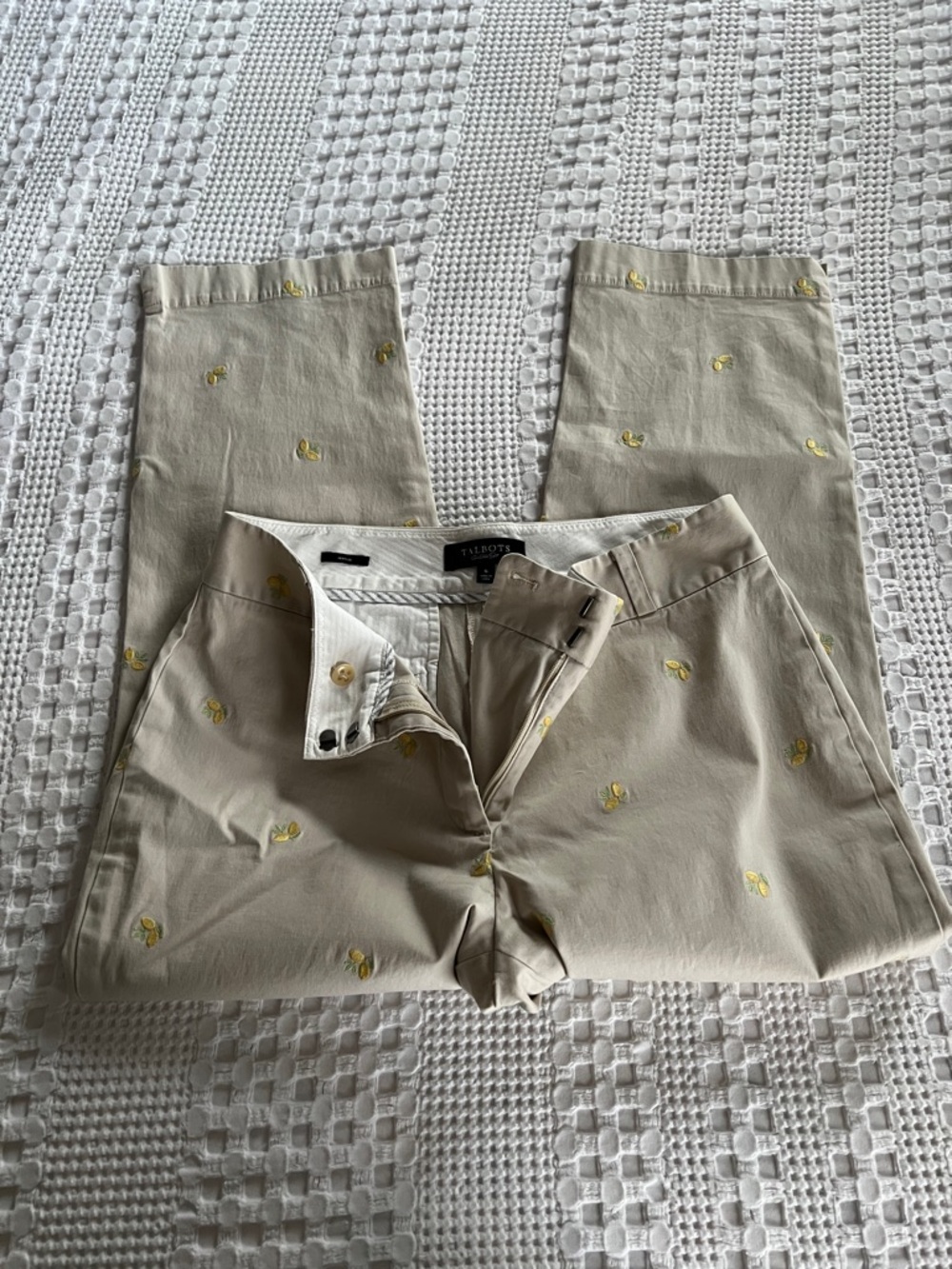 Talbots Beige Capri Chinos with Yellow Embroidered Motifs